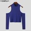 T-shirts pour hommes INCERUN Hommes T-shirt Couleur Unie Col Roulé À Manches Longues Hors Épaule Casual Camisetas Évider Streetwear Sexy Crop Tops 230313