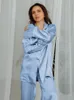 Pijama de cetim de penas de roupas de sono feminina para mulheres conjuntos de lapela Splicing Sleepwear roupas femininas feminina feminina de peito de noite Moda de inverno 230314