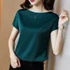 T-shirt feminina Summer Camisetas de seda de moda coreana para mulheres Tops de cetim vintage para mulheres Mangas curtas Escritório verde solto Camisas Lady 230314