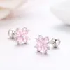 Stud Earrings Cute 925 Sterling Silver Four Petals Heart Pink CZ Flower Screw For Women Girls Toddlers Kids Jewelry Aros Aretes