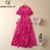 Платья для вечеринок QHZ Spring Summer Designer Fashion Dress Women Women Fase Eleve Vintage Lace Emelcodery Splicing Ruffle Holiday Luxury Midi платья 230314