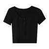 Damen T-Shirts High Street Chic O-Neck Pit Tuchknopf Kurzärärmische Frauen 2023 Sommer Solid Color All-Match Slim Crop Topswomen's's's