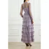 Casual jurken 2023 Lente zomer elegante ruches kanten mesh patchwork lange mouw maxi voor vrouwen vintage paarse feestjurk