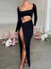 Casual Dresses Mozision Sexy Hollow Out High Split Maxi For Women Robe Autumn Full Sleeve Ruched Club Party Long Vestido 230313