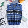 Men s Vests Men Sweater Vest Chinese style Vintage V neck Contrast Color Couple Oversized Knitted Sweaters Loose Cozy Outwear 230313