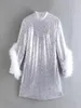 Casual Dresses Kondala Sexy Silver Sequins Party Mini Dress Women Long Sleeve With Feathers rygglös elegant vintage Mujer Vestidos