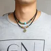 Pendentif Colliers Collier Vintage Ancienne Tribu Homme Cuir Turquoise Perle Choker