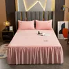 Bed Skirt Winter Crystal Velvet laced Bed Skirt Pillowcase Bedding Set Soft Bedspread For Bed Solid Color Pink Elastic Band Bed Skirts 230314