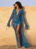 Abiti casual Mesh Beach Summer Women Elegant Bandage Ruffles Slim Maxi Sexy See Through Vacation Party Club Abiti Rose Red 230313