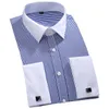 Camisas casuais masculinas clássicas de punhos franceses clássicos Camisa listrada Camisa de bolso de bolso de patch único incluiu camisas de casamento de manga longa 230314