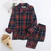 Women's Sleepwear Women's Autumn and Winter Cotton Brushed Flannel Long-sleeved Cardigan Plaid Clothes with Long Trouser Womens Two Piece Sets 230314