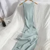 Lässige Kleider Oceanlove koreanische gestrickte Robe Femme Sommer V-Ausschnitt ärmellos Kink aushöhlen sexy schlankes, figurbetontes Kleid Split Fork Long Vestidos 230313