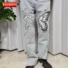 Jeans pour hommes High Street Butterfly and Snake Embroidery Jeans Straight Pantal