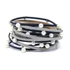 Pulseras con dijes de cuero multicapa para Mujer, cierres magnéticos de aleación, pulsera de perlas, brazalete, joyería de moda, Pulseras para Mujer