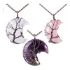 Pendanthalsband Kft Tree of Life Crescent Moon Halsband Koppartråd Wrap Natural Healing Crystal Quartz Reiki Stone Chain