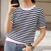 Women's T-Shirt OUMENGKA Women Summer Harajuku T-Shirts Thin Knitting Stripe O-Neck Tops Women Short Sleeve Stretchy Casual Blue Tee Femme 230314