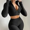 Women's Short Seamless Strethy Tracksuit Solid Color Long Sleeve Crop Top Pants Set Sexy Zipper Workout Tops Fitness Leggings 230314