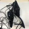 2023 Black sequined open-heeled high-heeled shoes party high-heeled shoes women's stiletto heel strap shallow elegant pointed shoes