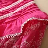 2023 Summer Hot Pink Floral Embroidery Cotton Dress Short Sleeve Stand Collar Ruffled Long Maxi Casual Dresses S3M120309