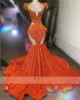 2023 Orange Sheer O Neck Long Prom Dress For Black Girls Beaded Sequined Birthday Party Dresses Feathers Formal Gown Mermaid Evening