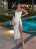Robes décontractées évider femmes robe de plage midi blanc une épaule sans manches 2022 été Y2K robes sexy moulante fête discothèque W0315