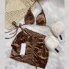 Mulheres Velvet Swimwear Summer Summer Bikinis Fashion Letter Print Swimsuit 3pcs Conjunto Ladies Swimdress