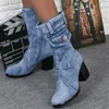 Bottes Blue jeans bottes femmes taille mi-haute Rome Solid Slip-On Chunky Med talons bottes sauvage vintage grande taille dames chaussures 230314