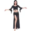 Stage Wear Belly Dance Top Dress With Ineer Pants Set V-Neck Slim India Custome Trumpet Sleeve Slit Practice Suit