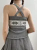 Women's Tanks Cuteandpsycho Vintage Y2K Graphic Print Camisole Sleeveless Aesthetic Gray Knit Grunge Tops Lace-up Cute Crop Outfits