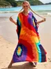 Casual Dresses 2023 Loose Boho Style Maxi Dress Print Face Swim Suit Cover-up Bohemian Dress Robe Plaage Kaftan Maxi Dress Beach Wear Tunics W0315