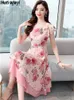 Vestidos casuais 2023 rosa Floral Floral Casual Boho Beach Kawaii Sundress Women Chic Vestido Midi Sexy Midi Coreano Bodycon Evening Vestido W0315