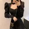 Robes décontractées Mode coréenne à manches longues élégante Y2K Mini robe femme fête 2023 hiver noir design vintage couleur pure femme