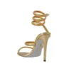 Rene caovilla Golden Sandals Rhinestones embellished Metallic cortex Snake Strass stiletto Heel sandals Evening shoes Luxury Designers Ankle Wraparound shoe 999