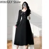 Casual Dresses French Vintage Midi Dress Office Lady Long Sleeve Black Elegant Korean Fashion Causal Sweet Women Party 2023 Autumn