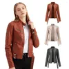 Chaqueta de cuero para mujer, corta, de PU, talla grande, delgada, abrigo de primavera para mujer, cinturón con cuello levantado, tela elegante a la moda para chica delgada, rojo y marrón