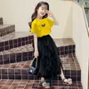 Clothing Sets 10 14 years Old Girls Mesh Skirts Clothes Set Summer Casual Elegant Teen Big Outfit T-shirt Skirt Mesh Princess Kid Clothing