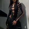 Kvinnors jumpsuits Sexiga toppar Kvinnor Ribbed Sticked Long Sleeve Tie Up Bandage Patchwork BodyCon Club Party Body Y2K Outfit High midje Top