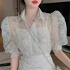 Damenblusen, Hemden, Sommer, sexy Perspektive, Mesh, koreanische Damen-Bluse mit Puffärmeln, einreihige Spitzenbluse, Tops, bedrucktes Blumenhemd, T-Shirts 230314