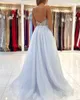 2023 Abiti da ballo azzurri con perline Senza spalline Una linea di tulle Pieghe Backless Sweep Train Abito da sera su misura Abiti formali Ocn Abiti Plus Size 401