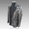 Costumes pour hommes discothèque pleine paillettes imprimé léopard jolie pochette mâle mode hôte scène Slim Fit gris homme robe Banquet vêtements