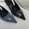 Sandálias Spring New Brand Woman Slingback Shoes Moda Matal Buckle Ladies Elegant Med Heel Pointed Toe Slip On Sandal Mules Y2303