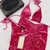 Mulheres Velvet Swimwear Summer Summer Bikinis Fashion Letter Print Swimsuit 3pcs Conjunto Ladies Swimdress