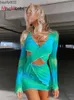 Casual Dresses MHCMBSBS SEXY TIE DYE BODYCON MINI Dress Women Hollow Out Long Sleeve Mesh Skinny Club Outfits Summer 2022 Beach Party Sundress W0315