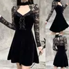 Casual Kleider Sexy Frauen Gothic Kleid Langarm Perspektive Aushöhlen Spitze Schwarz Patchwork Punk Abend Party Mini Femme Robe # g3