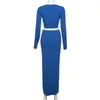 Work Dresses 2023 Europe-USA Style Women Sexy V-Neck Knit Long Sleeve T-Shirt Elastic Waist Slit Slim Skirts 2 Piece Sets