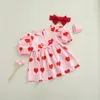 Flickaklänningar Baby Girls Summer Dress with Bow pannband Hjärta tryckt Kort puffhylsa Crew Neck Princess Valentine Day Outfits