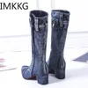 Bottes Femmes Chunky Denim Bottes Mi-mollet Bloc Talons Hauts Bottes Hiver Mode Cowboy Western Bottes Talons Épais Chaussures 230314