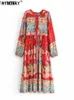 Casual jurken vintage chic mode dames lange mouw kwastje rode bloemen print strand bohemian maxi jurken dames katoenen geplooide boho jurk robe w0315