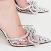 Slipare kvinnor för sommaren 2023 Bow Rhinestone High Heels Stiletto Film Drill stor storlek Point Toe Back Empty Sandals