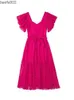 Casual jurken 2023 Elegante roze puff puff mouw jurk dames vakantie strand zonsondergang midi a-line sexy holle out short sleev jurken vestido a1129 w0315